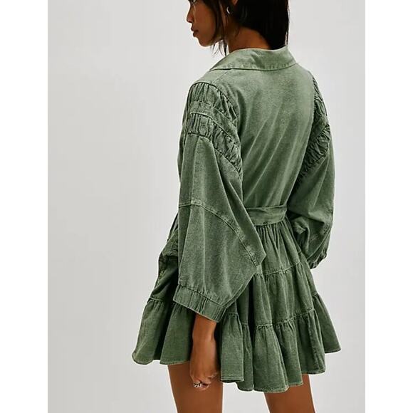 Free People Hampton Belted Mini Dress Crystal Kelp Cotton Size Medium NWOT Chic - Picture 13 of 16